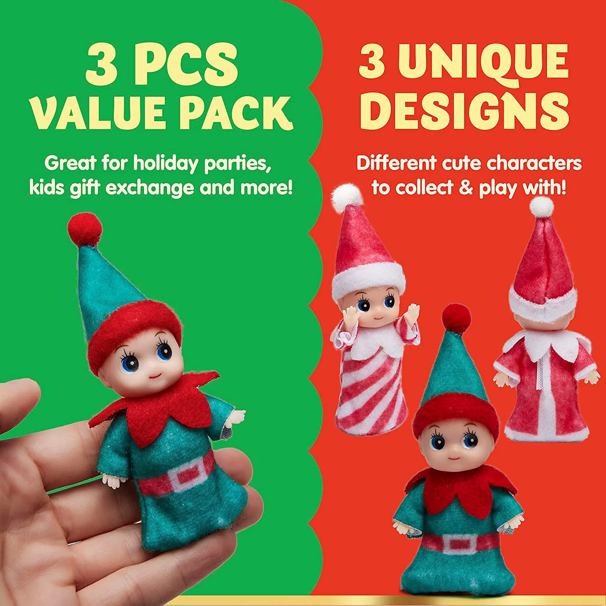 3-Pack Colorful Vinyl Face Plush Dolls for Christmas