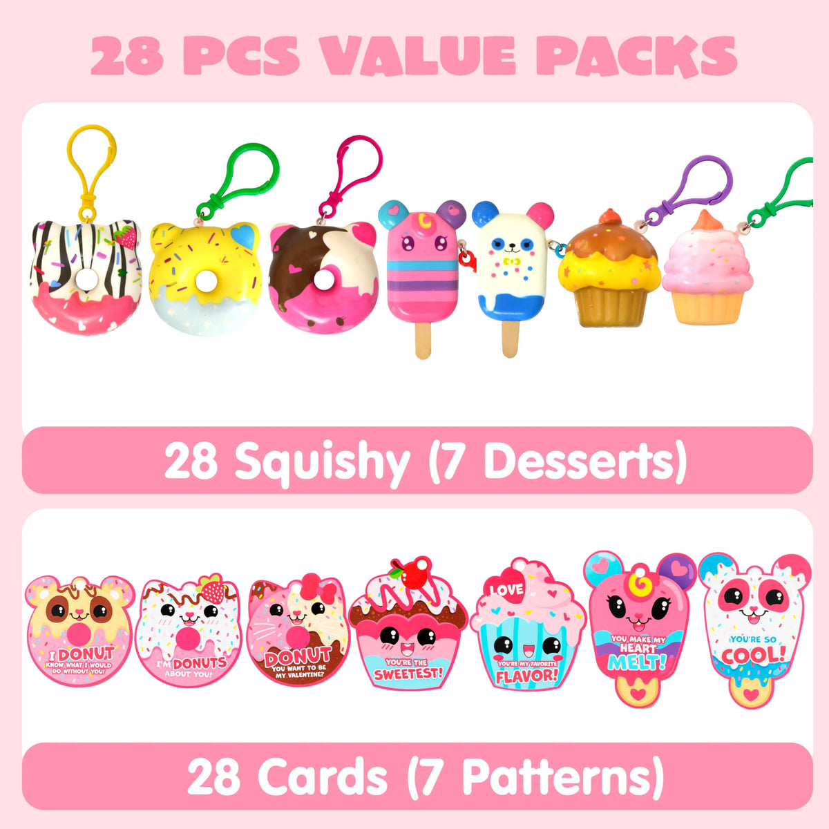 28-Piece Dessert Squishy Toy Keychains with Valentine's Day Cards for Kids