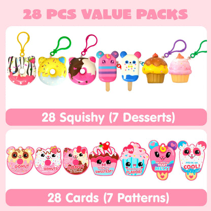 28-Piece Dessert Squishy Toy Keychains with Valentine's Day Cards for Kids
