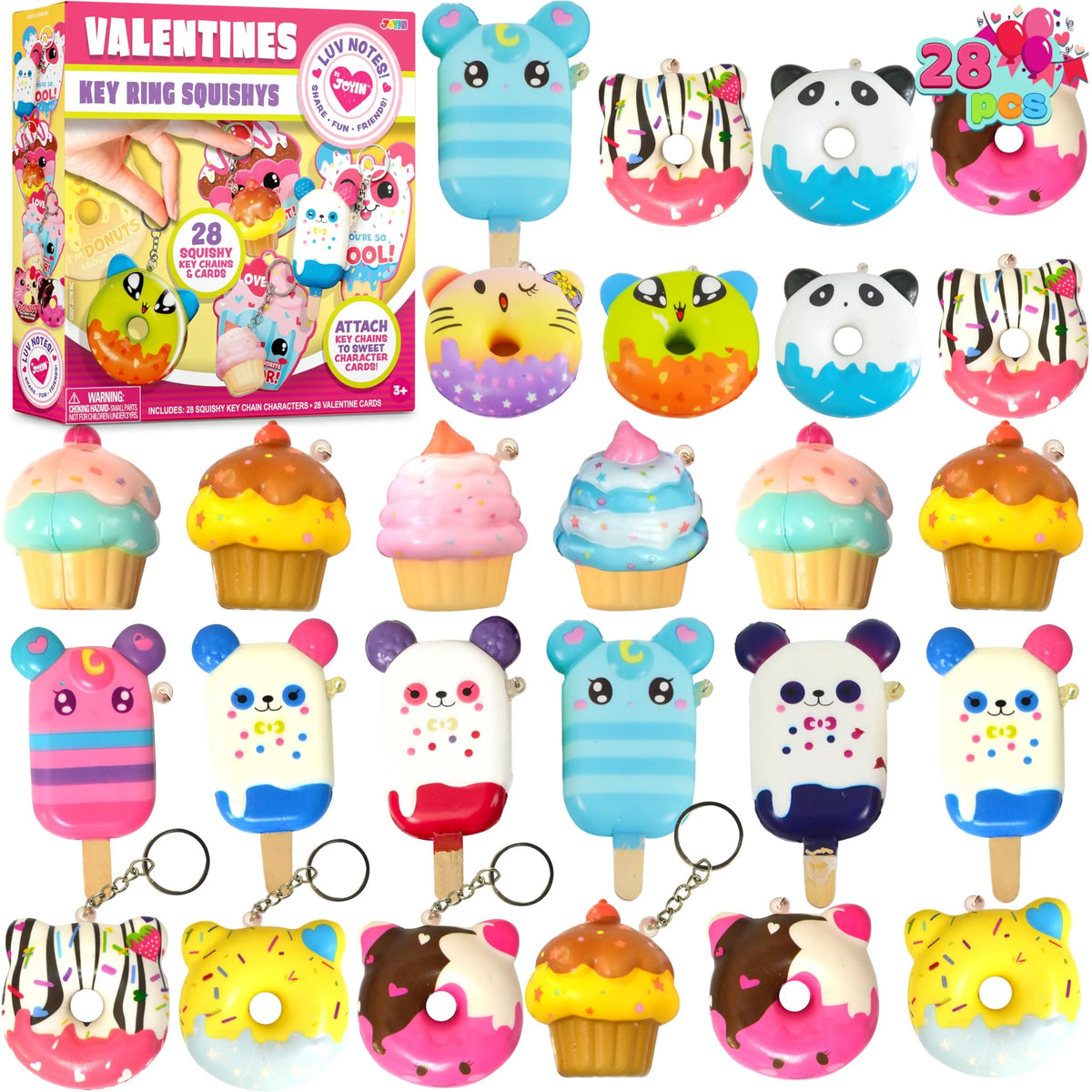 28-Piece Dessert Squishy Toy Keychains with Valentine's Day Cards for Kids
