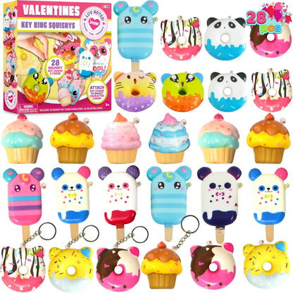 28-Piece Dessert Squishy Toy Keychains with Valentine's Day Cards for Kids