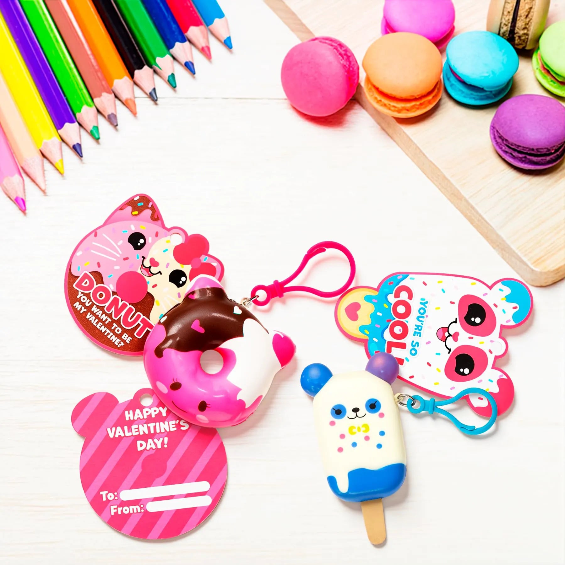 28-Piece Dessert Squishy Toy Keychains with Valentine's Day Cards for Kids