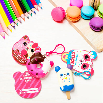 28-Piece Dessert Squishy Toy Keychains with Valentine's Day Cards for Kids