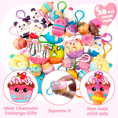 28-Piece Dessert Squishy Toy Keychains with Valentine's Day Cards for Kids