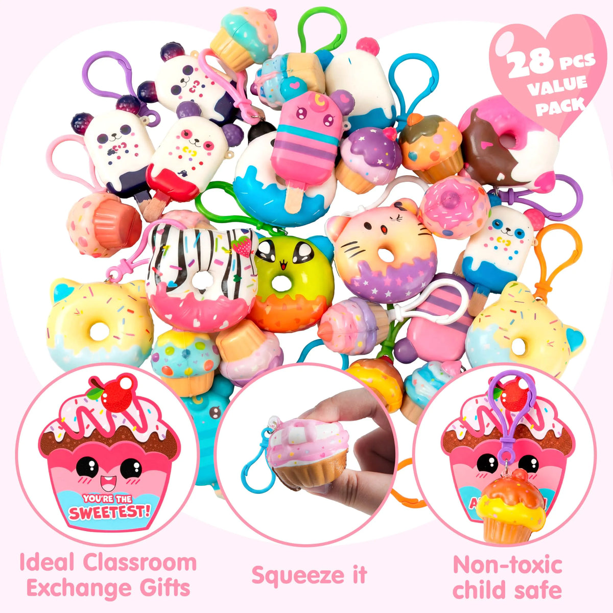 28-Piece Dessert Squishy Toy Keychains with Valentine's Day Cards for Kids