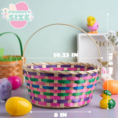 Easter Round Bamboo Woven Goodie Basket with Folding Handle