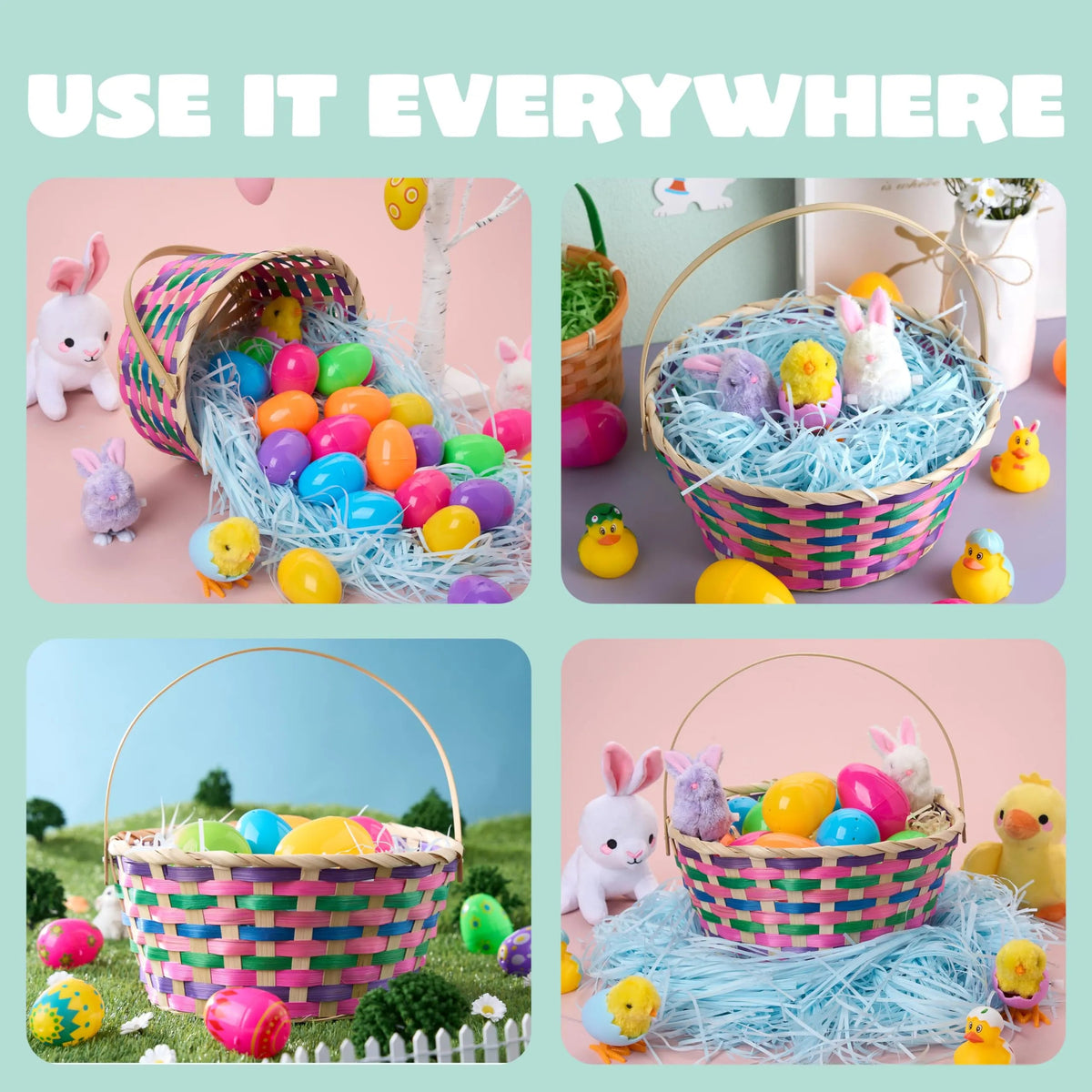 Easter Round Bamboo Woven Goodie Basket with Folding Handle