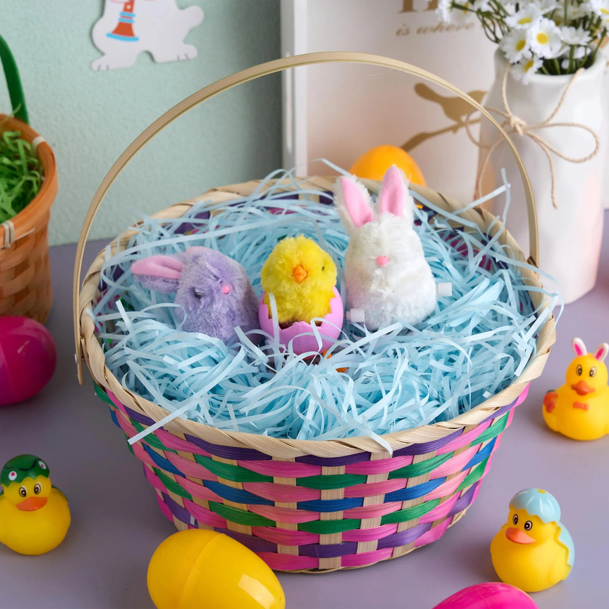 Easter Round Bamboo Woven Goodie Basket with Folding Handle