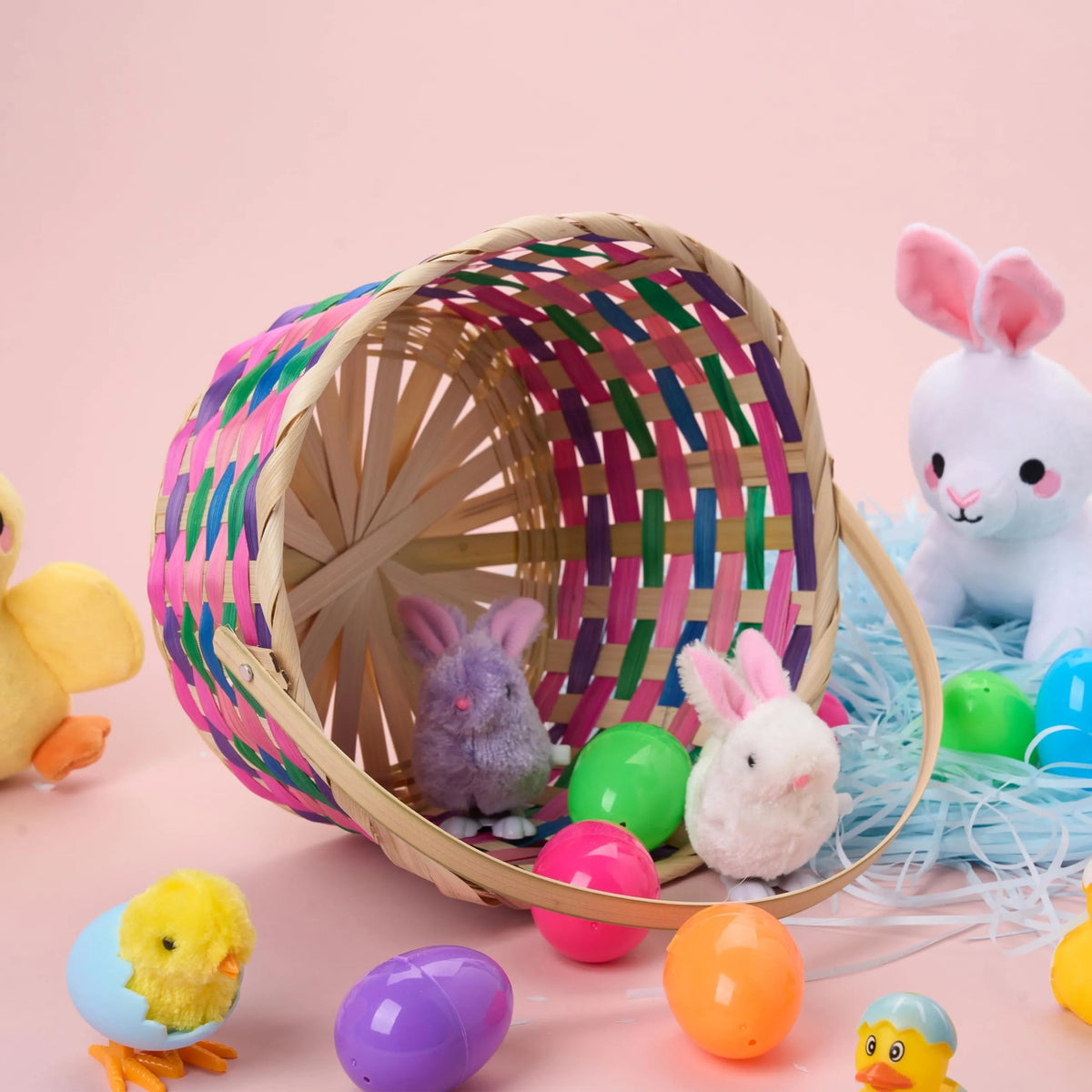 Easter Round Bamboo Woven Goodie Basket with Folding Handle