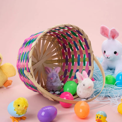 Easter Round Bamboo Woven Goodie Basket with Folding Handle