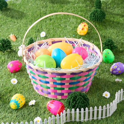 Easter Round Bamboo Woven Goodie Basket with Folding Handle