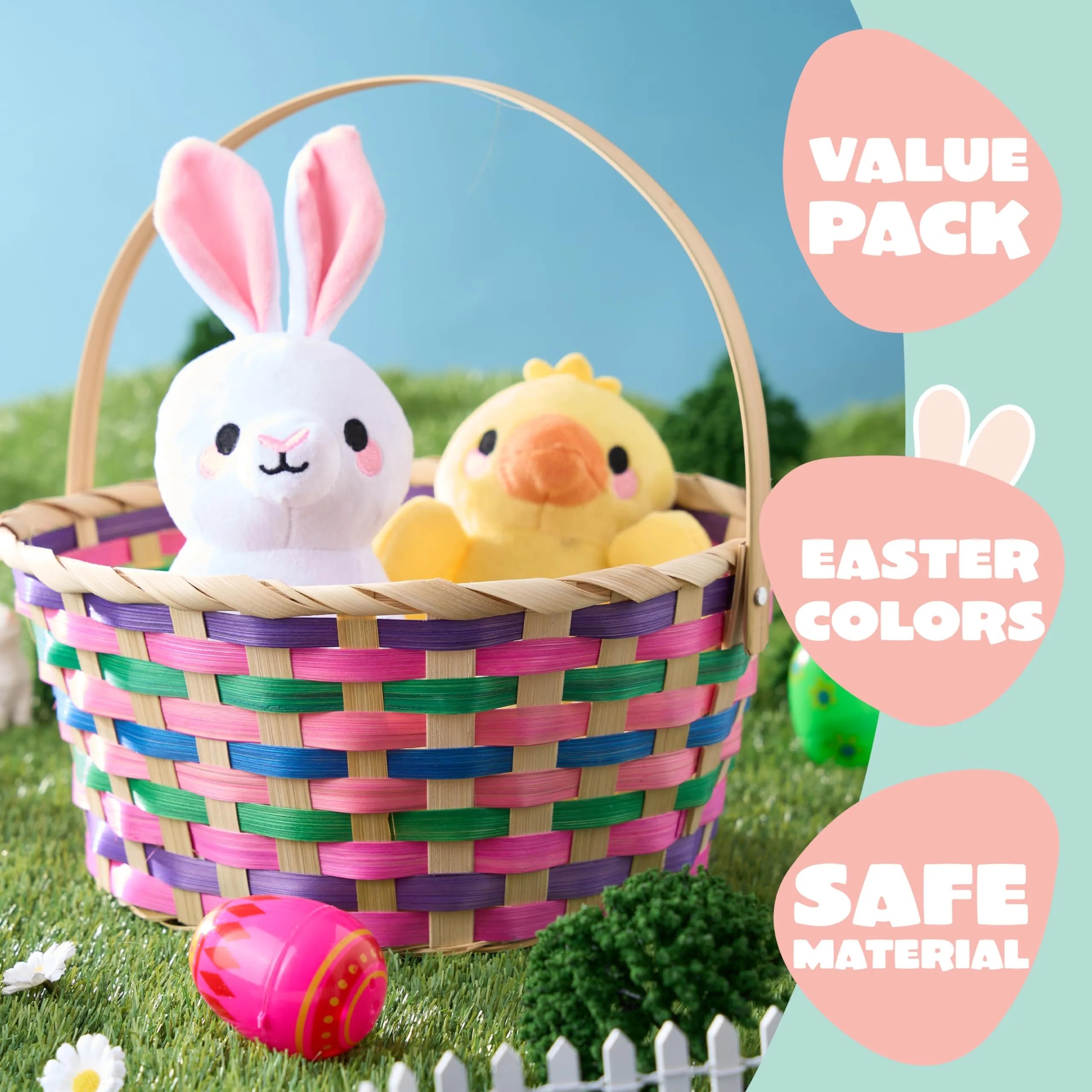 Easter Round Bamboo Woven Goodie Basket with Folding Handle