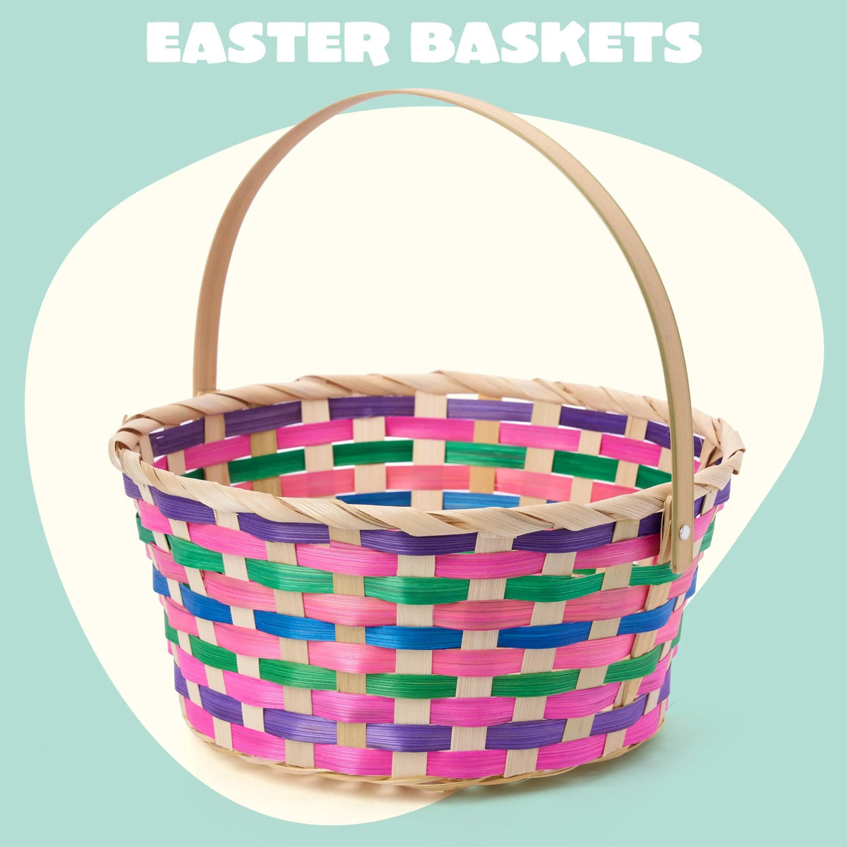 Easter Round Bamboo Woven Goodie Basket with Folding Handle