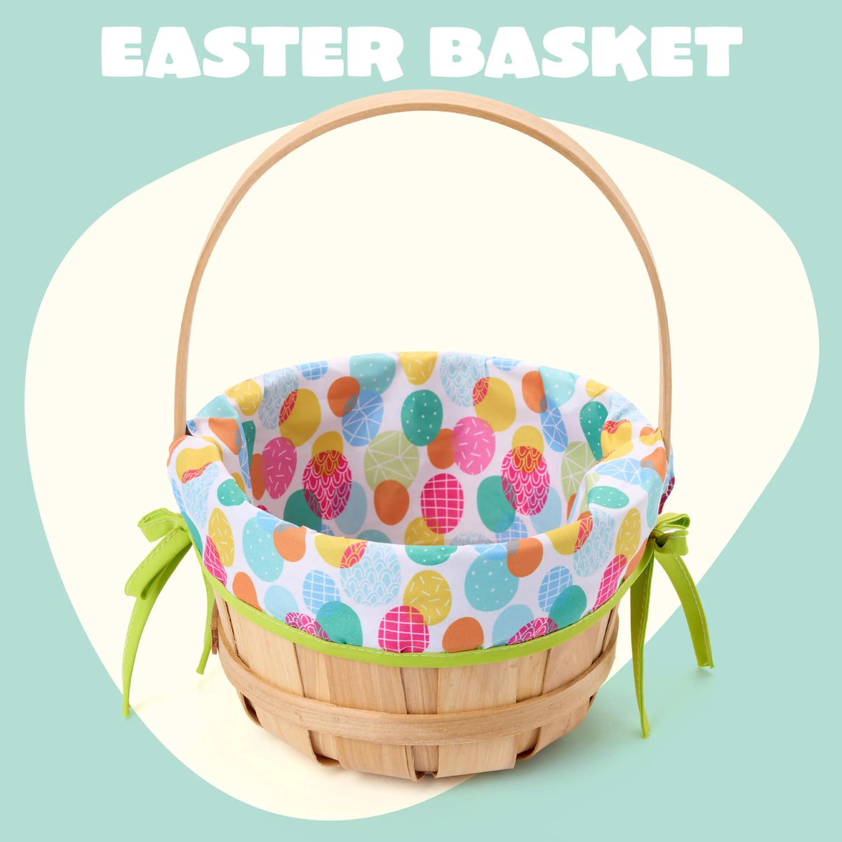 Easter Wooden Basket with Liner - Portable Wood Bucket with Folding Handle