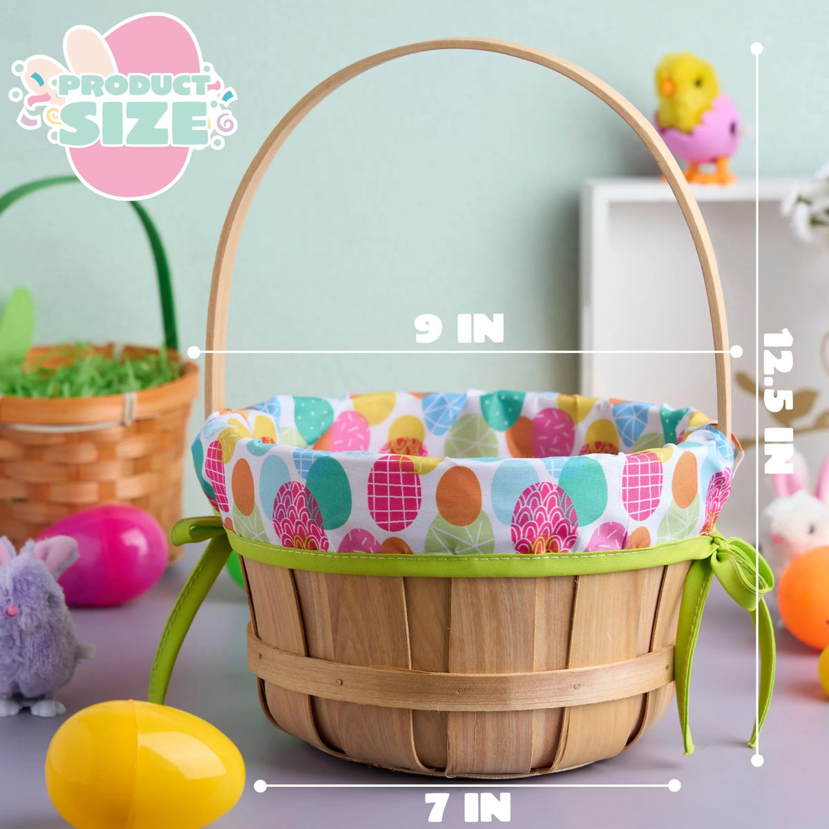 Easter Wooden Basket with Liner - Portable Wood Bucket with Folding Handle