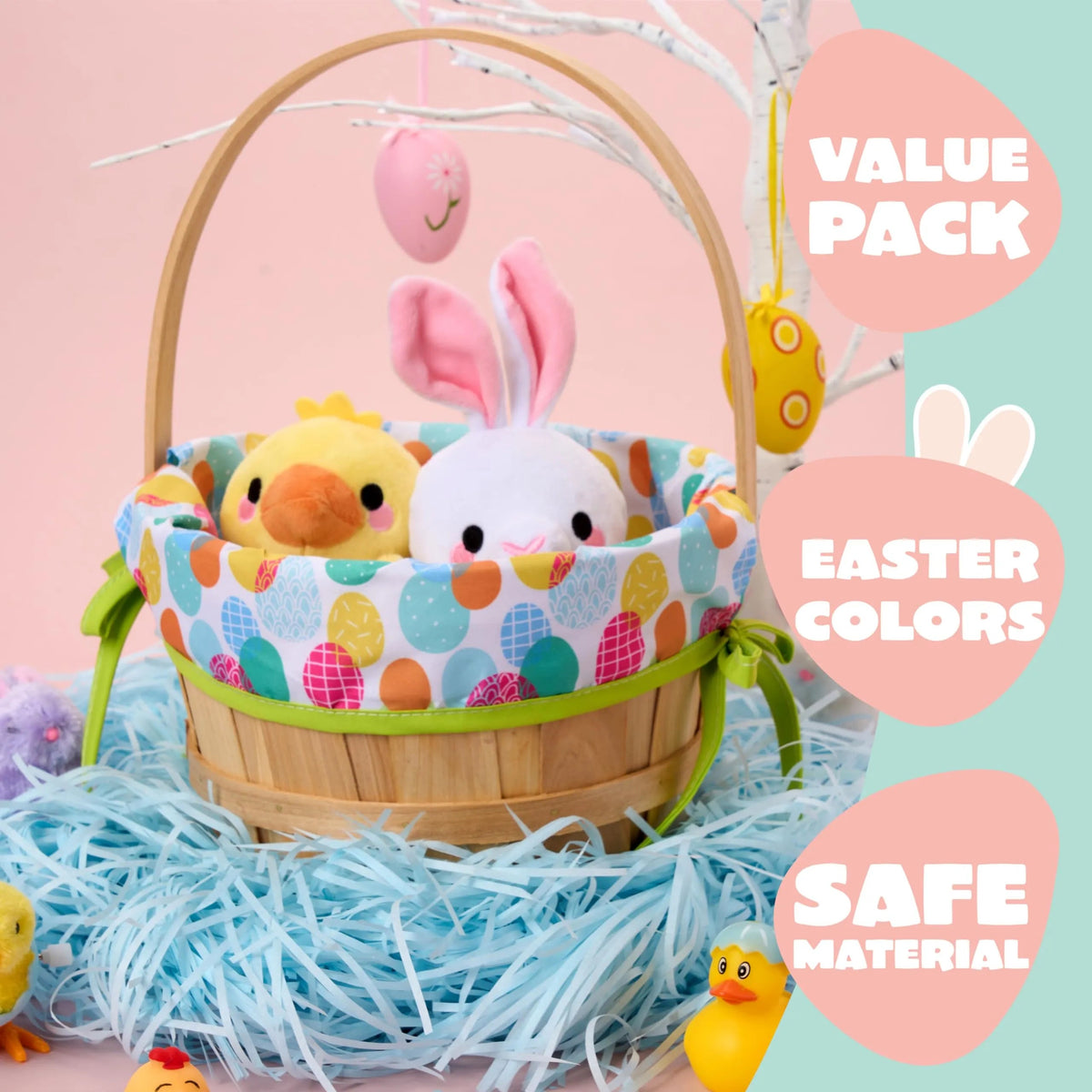 Easter Wooden Basket with Liner - Portable Wood Bucket with Folding Handle