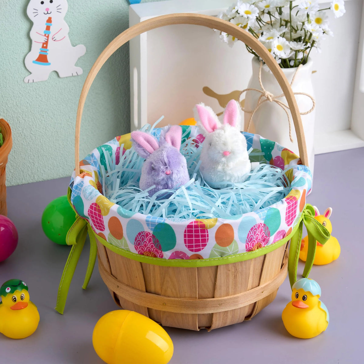 Easter Wooden Basket with Liner - Portable Wood Bucket with Folding Handle