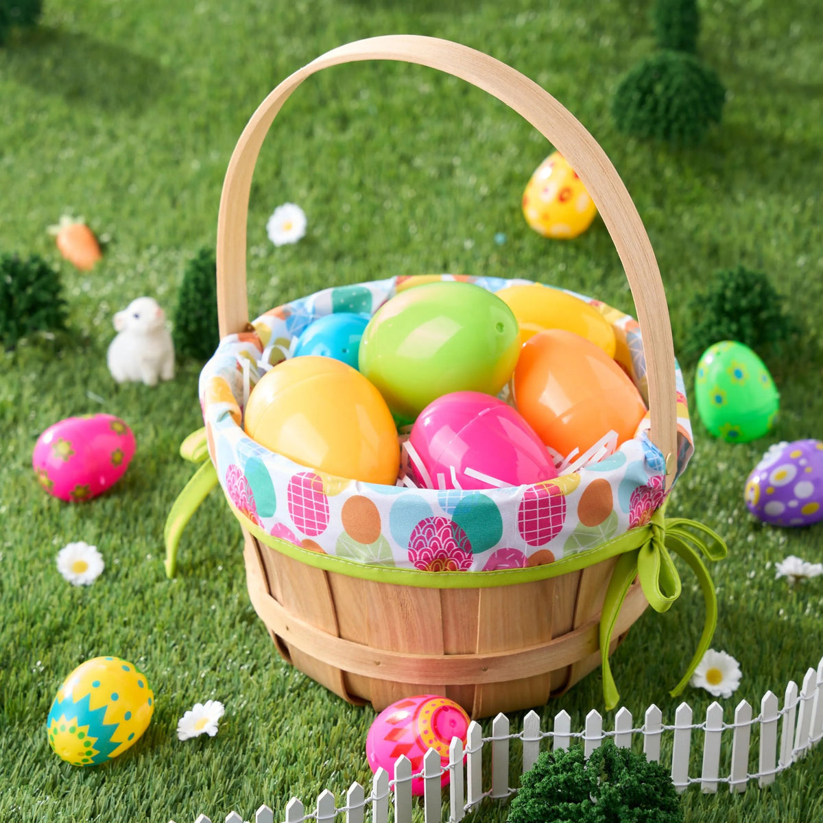 Easter Wooden Basket with Liner - Portable Wood Bucket with Folding Handle
