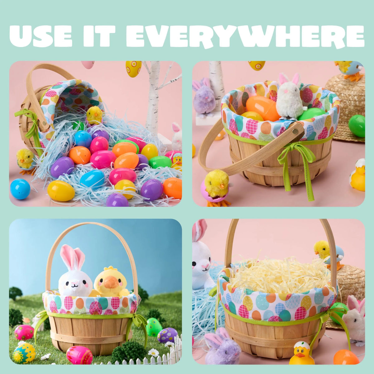 Easter Wooden Basket with Liner - Portable Wood Bucket with Folding Handle