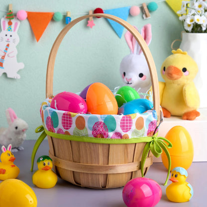 Easter Wooden Basket with Liner - Portable Wood Bucket with Folding Handle