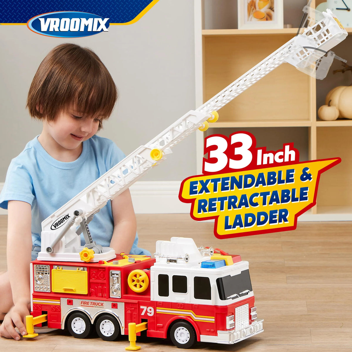 Extra Large Fire Truck Toy for Boys with 33-Inch Ladder, Gift for Ages 3+