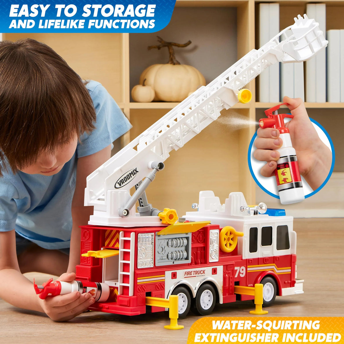Extra Large Fire Truck Toy for Boys with 33-Inch Ladder, Gift for Ages 3+