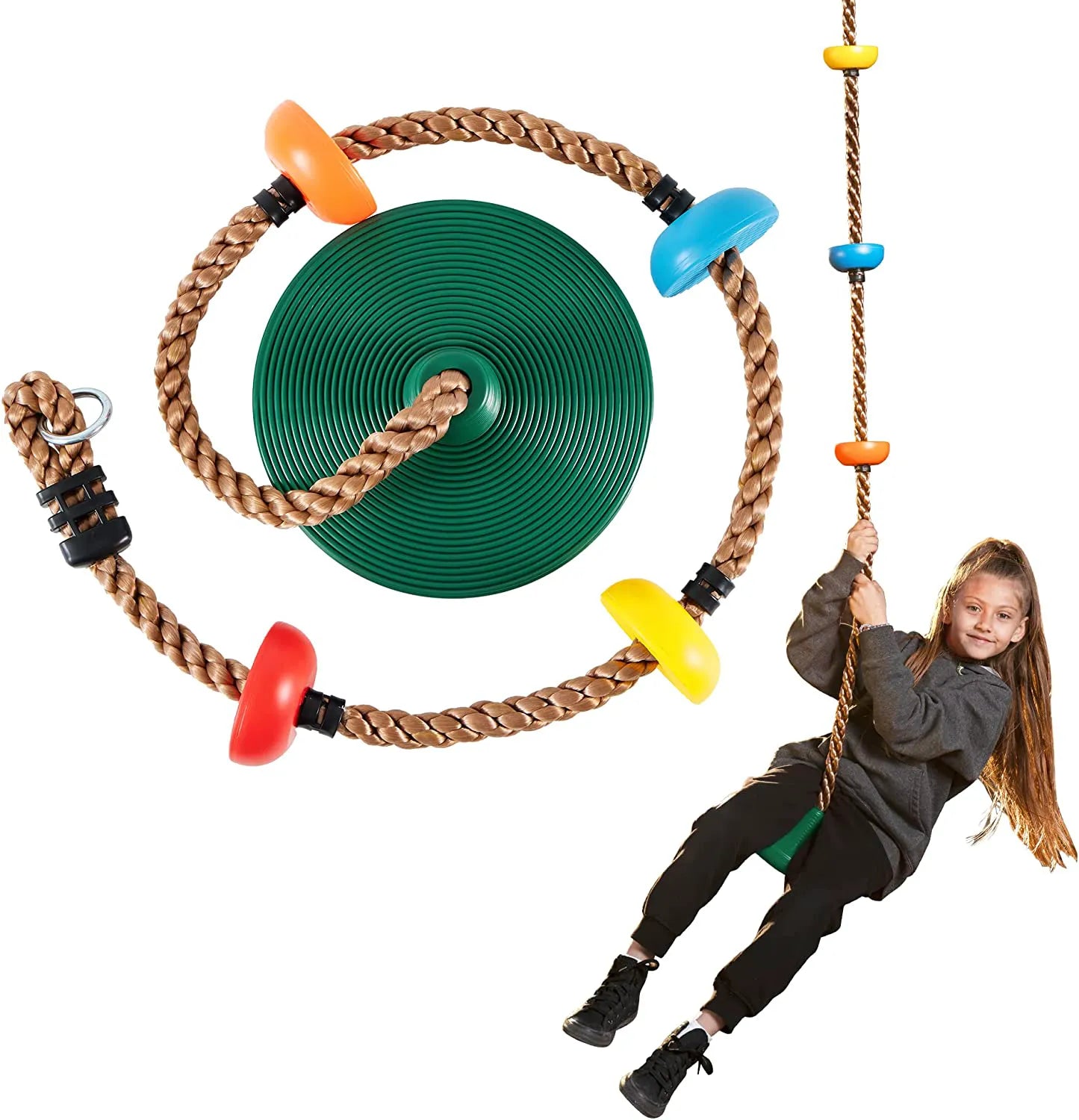 Green Climbing Rope Tree Swing with Platforms and Disc Seat