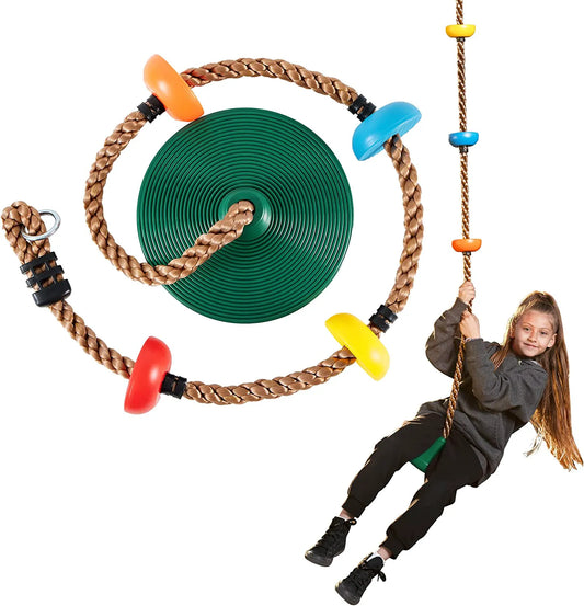 Green Climbing Rope Tree Swing with Platforms and Disc Seat