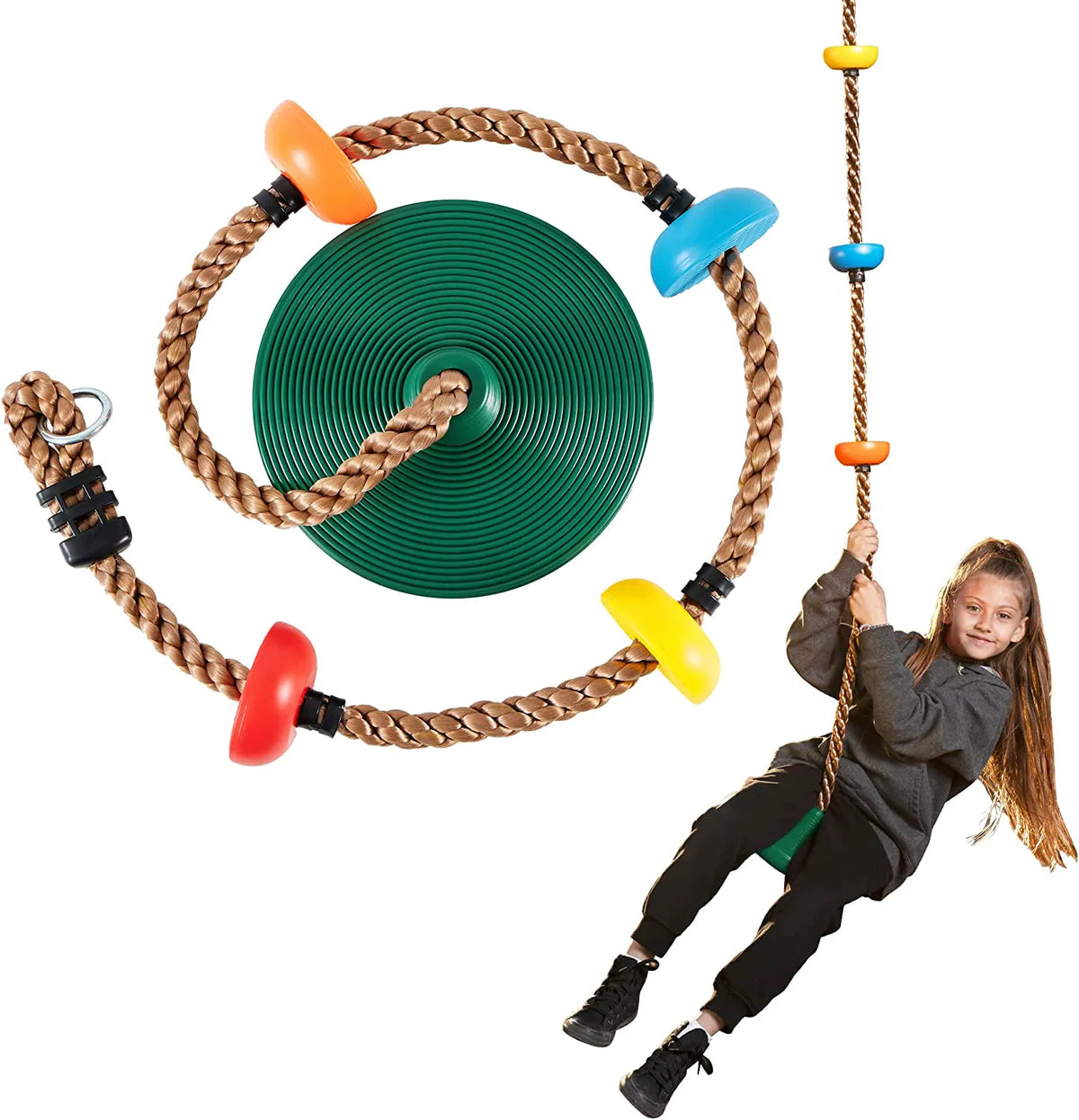 Green Climbing Rope Tree Swing with Platforms and Disc Seat