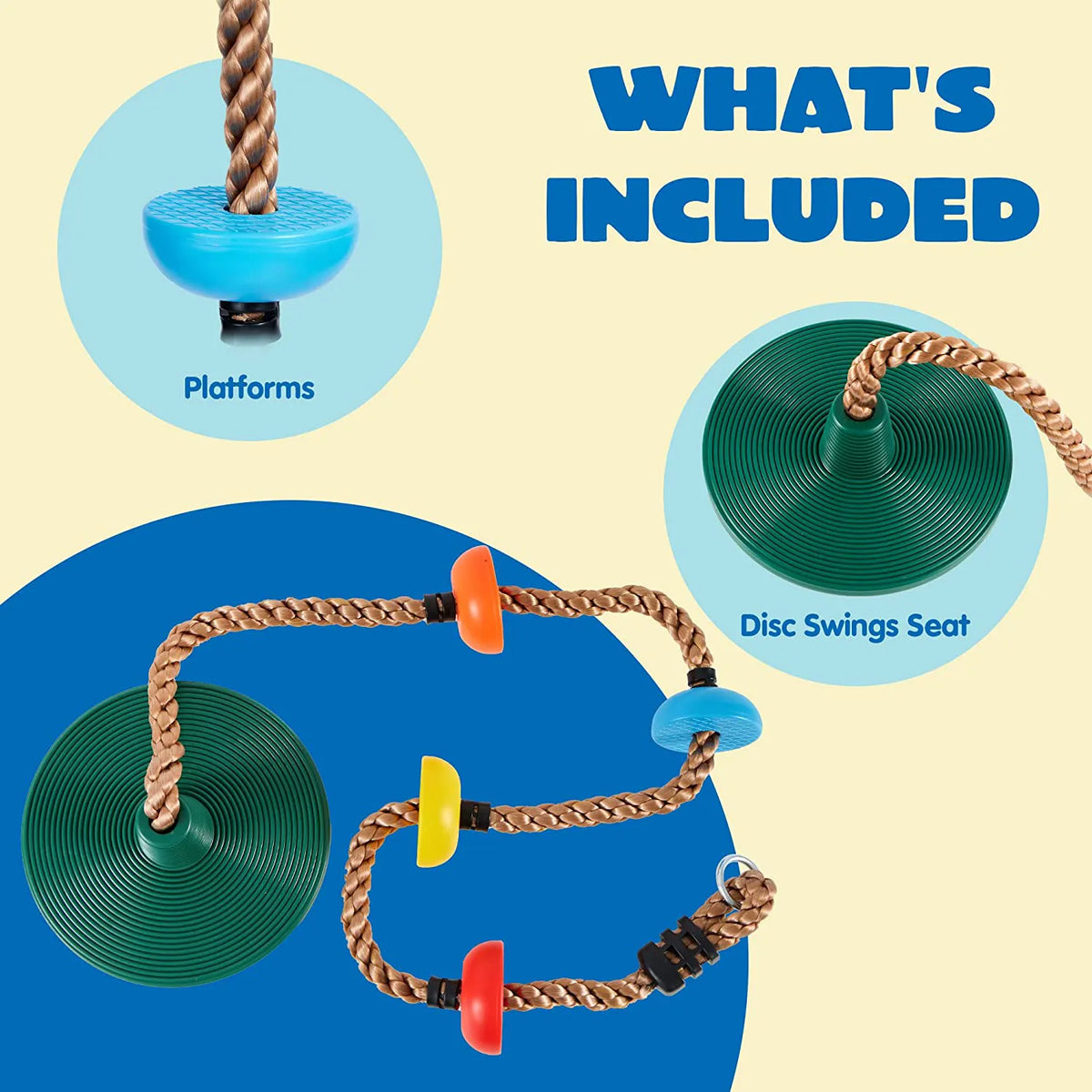 Green Climbing Rope Tree Swing with Platforms and Disc Seat