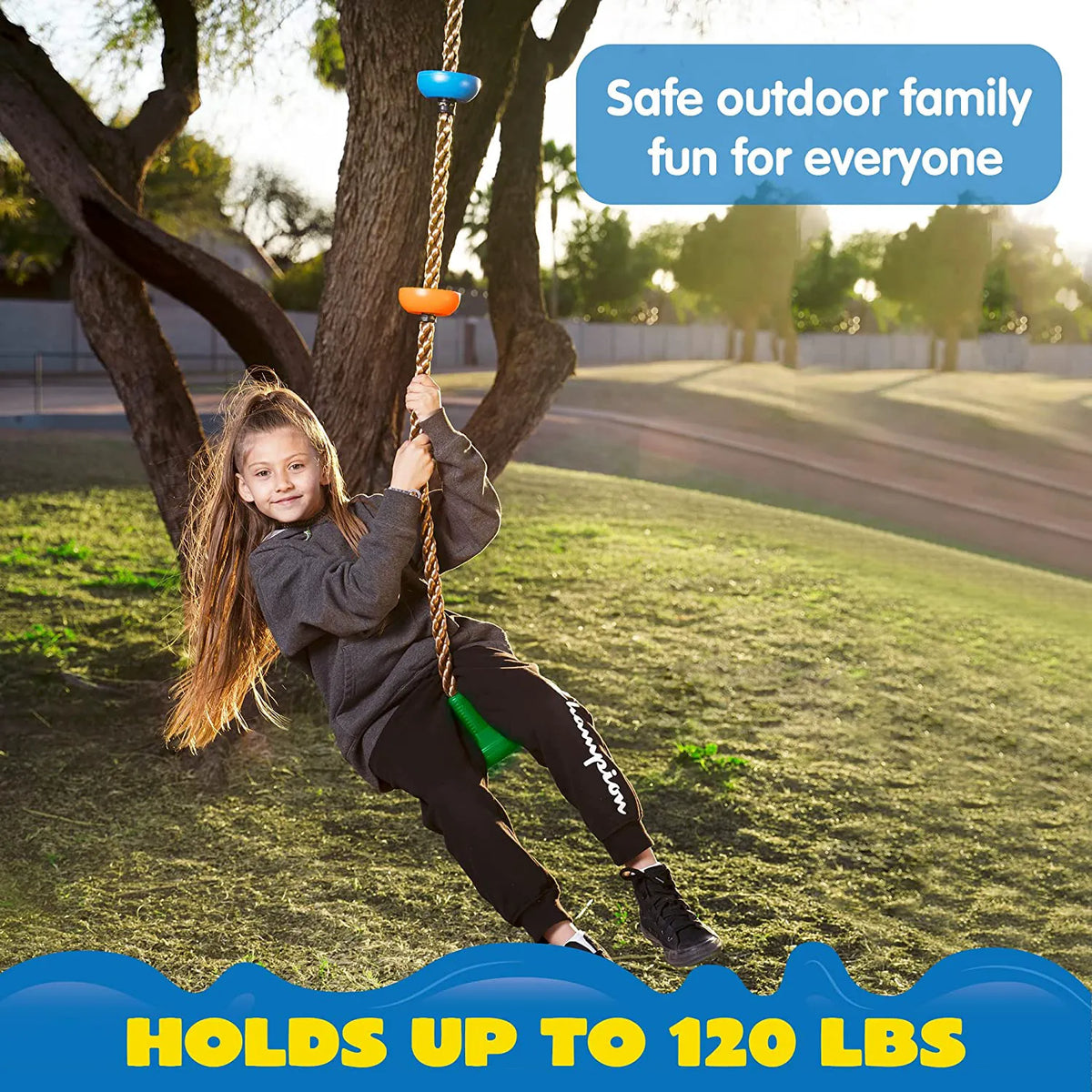 Green Climbing Rope Tree Swing with Platforms and Disc Seat