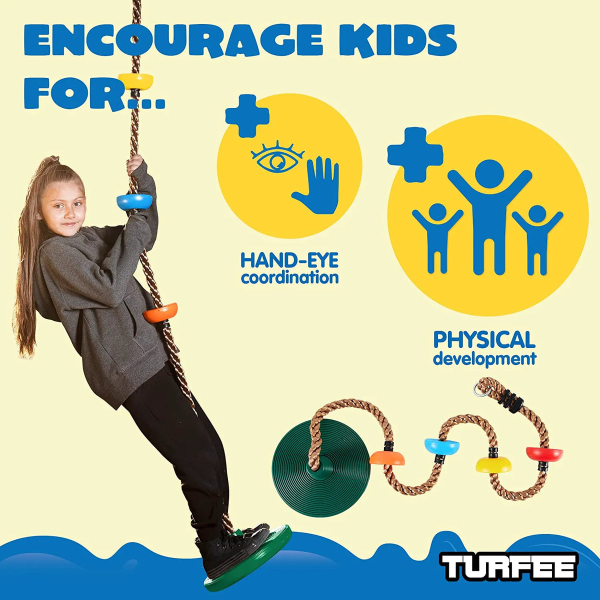 Green Climbing Rope Tree Swing with Platforms and Disc Seat