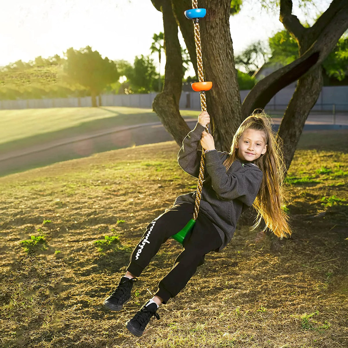 Green Climbing Rope Tree Swing with Platforms and Disc Seat