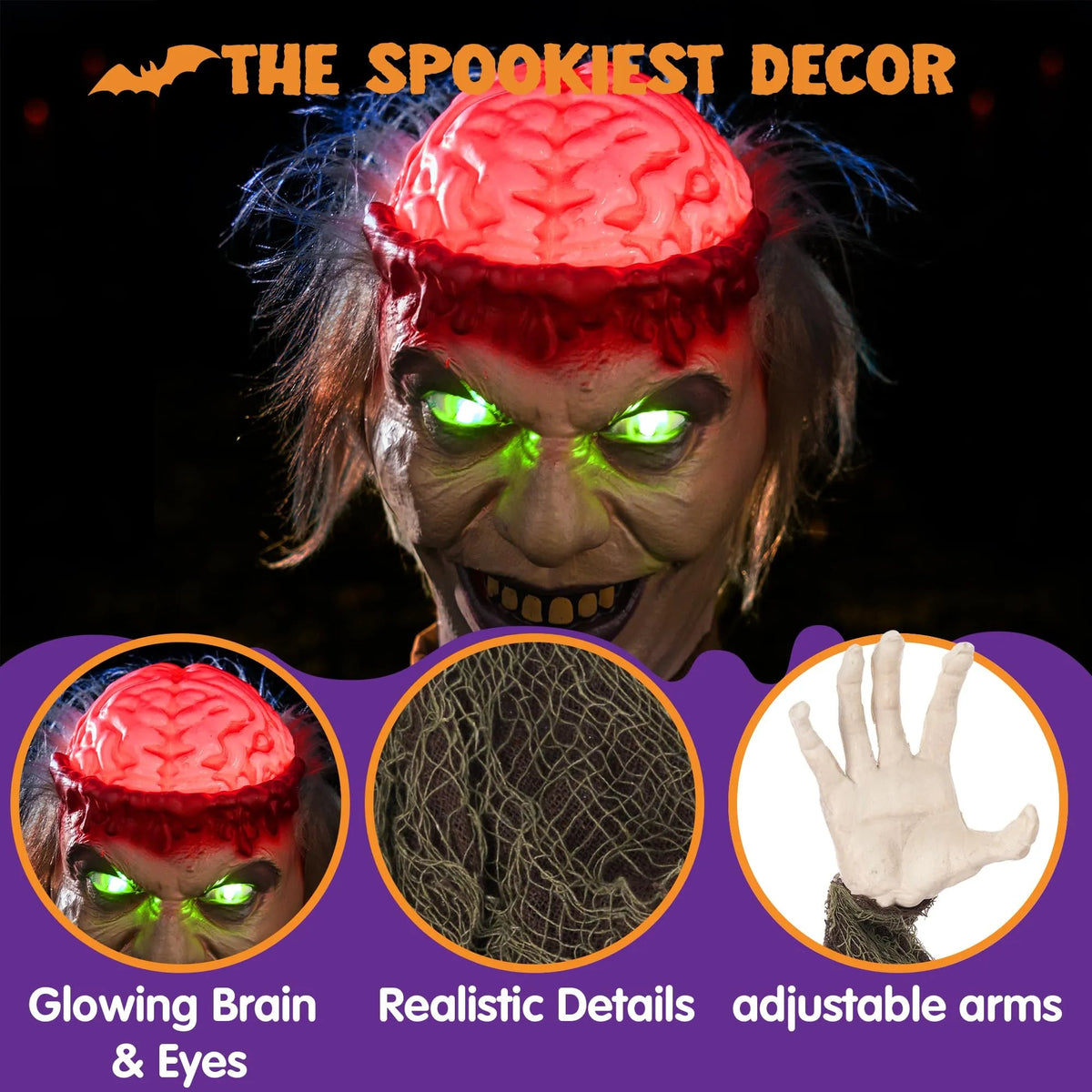 Halloween Zombie Groundbreaker Decoration with Light-Up Brain and Movable Hands