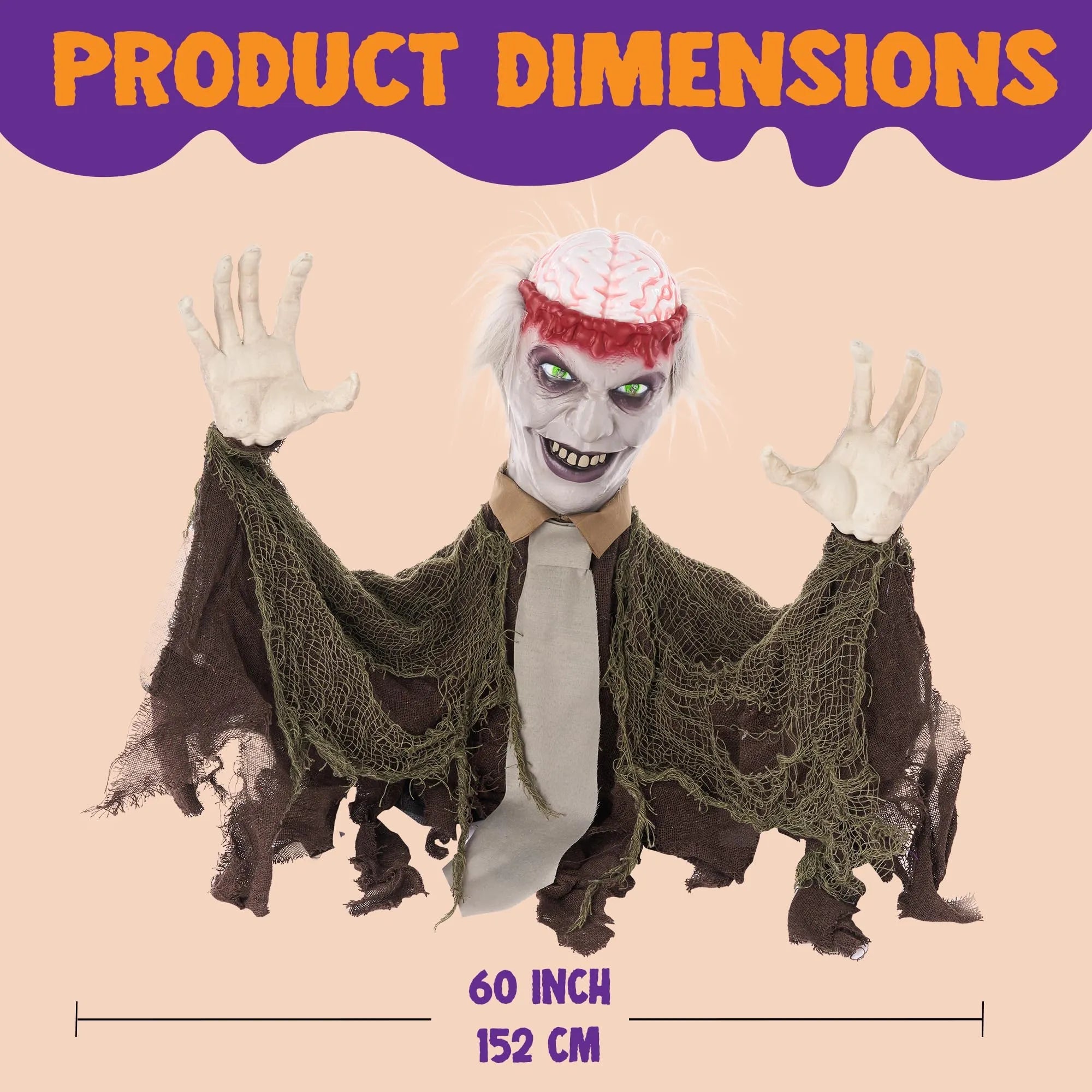 Halloween Zombie Groundbreaker Decoration with Light-Up Brain and Movable Hands