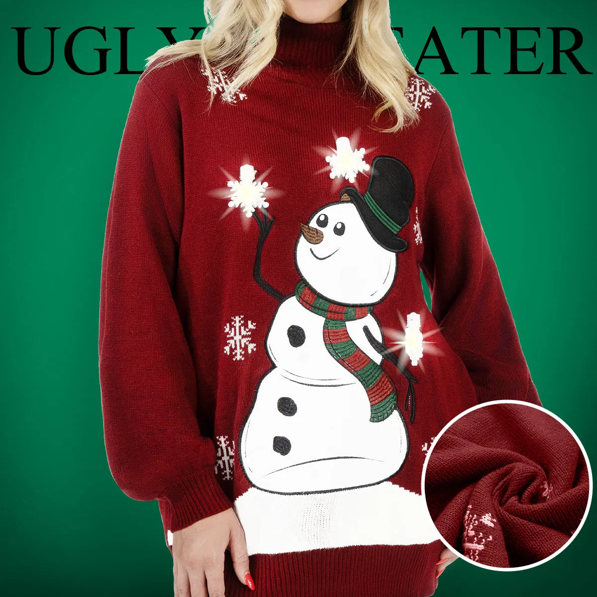 3D Snowman Women's Turtleneck Loose Sweater Dress - Christmas Ugly Sweater