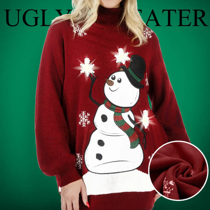3D Snowman Women's Turtleneck Loose Sweater Dress - Christmas Ugly Sweater