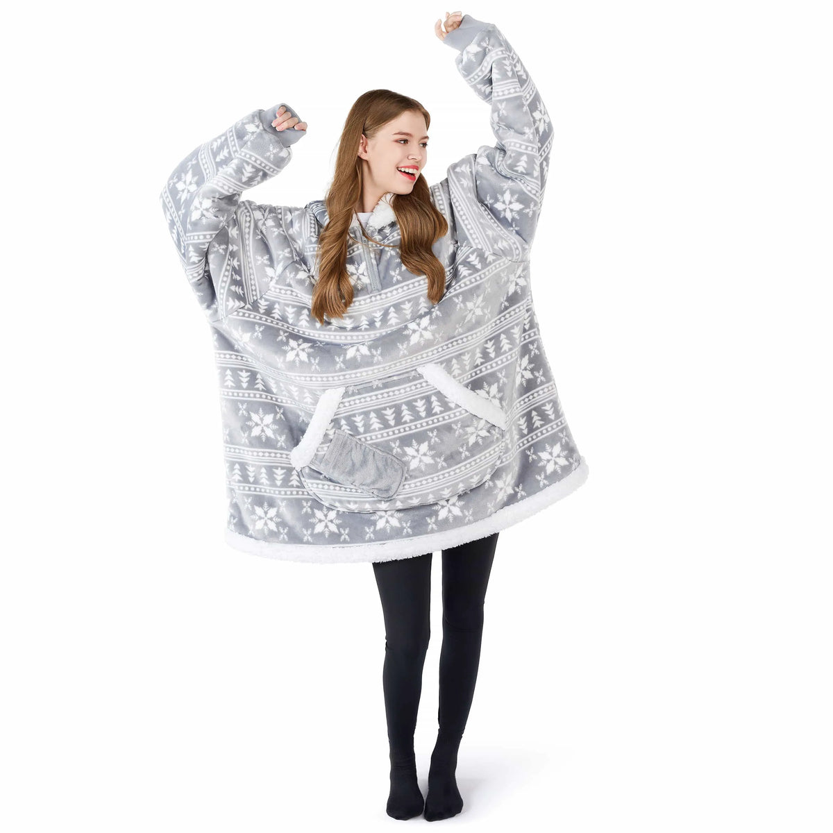 Adult Fleece Sherpa Snowflake Wearable Blanket Hoodie