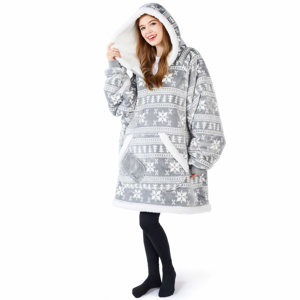 Adult Fleece Sherpa Snowflake Wearable Blanket Hoodie