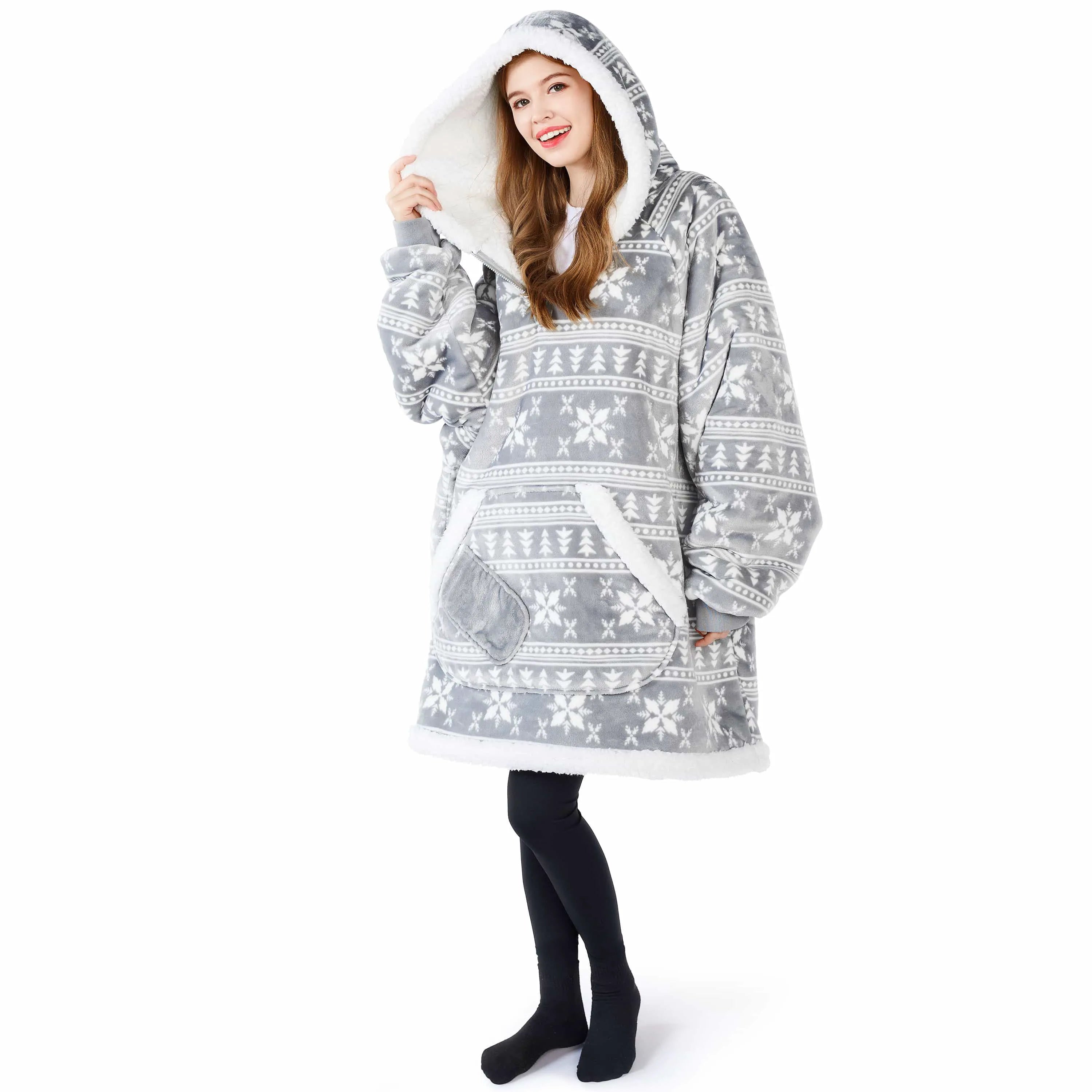Adult Fleece Sherpa Snowflake Wearable Blanket Hoodie