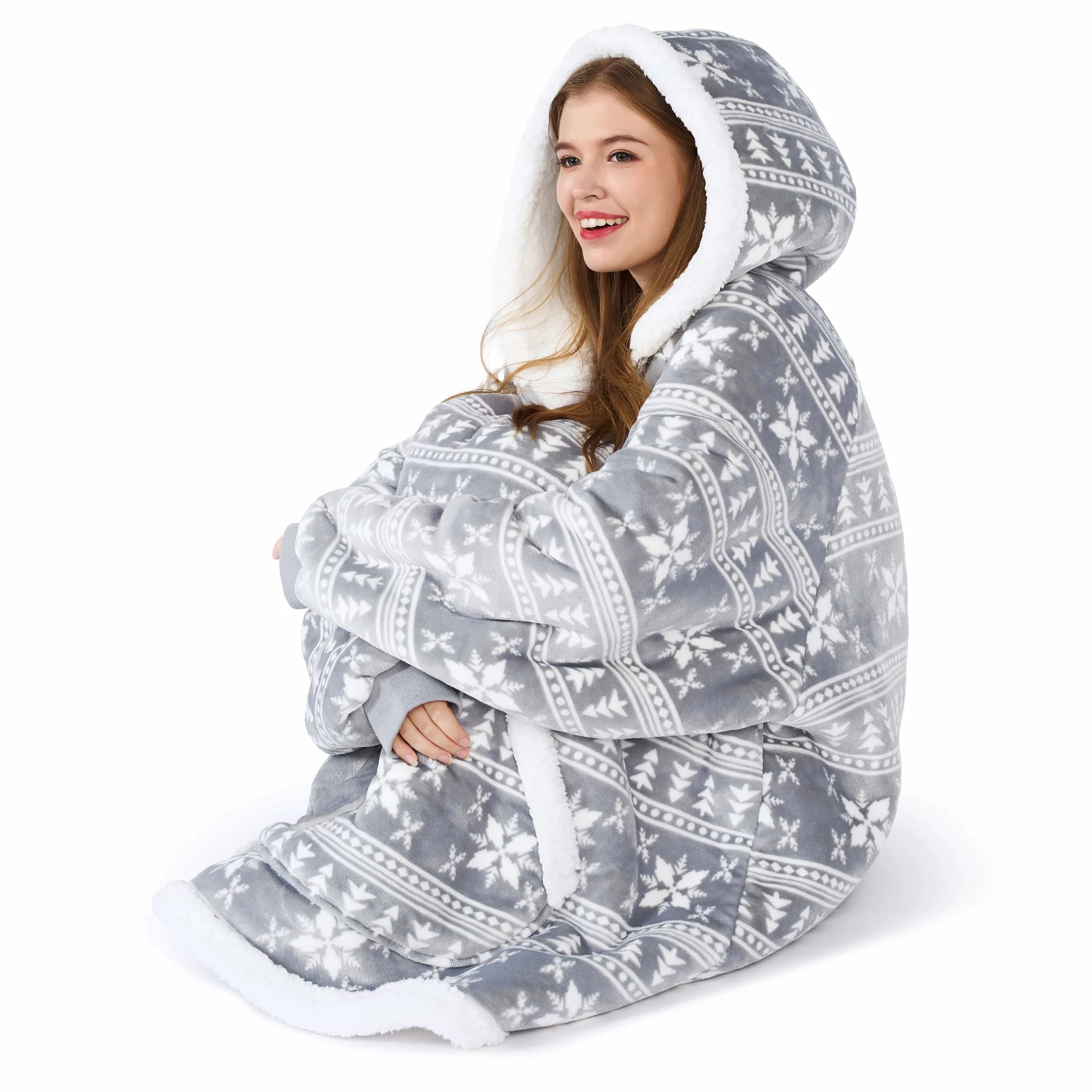 Adult Fleece Sherpa Snowflake Wearable Blanket Hoodie