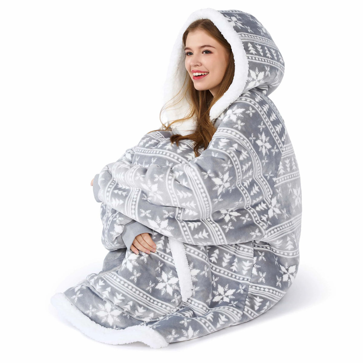 Adult Fleece Sherpa Snowflake Wearable Blanket Hoodie