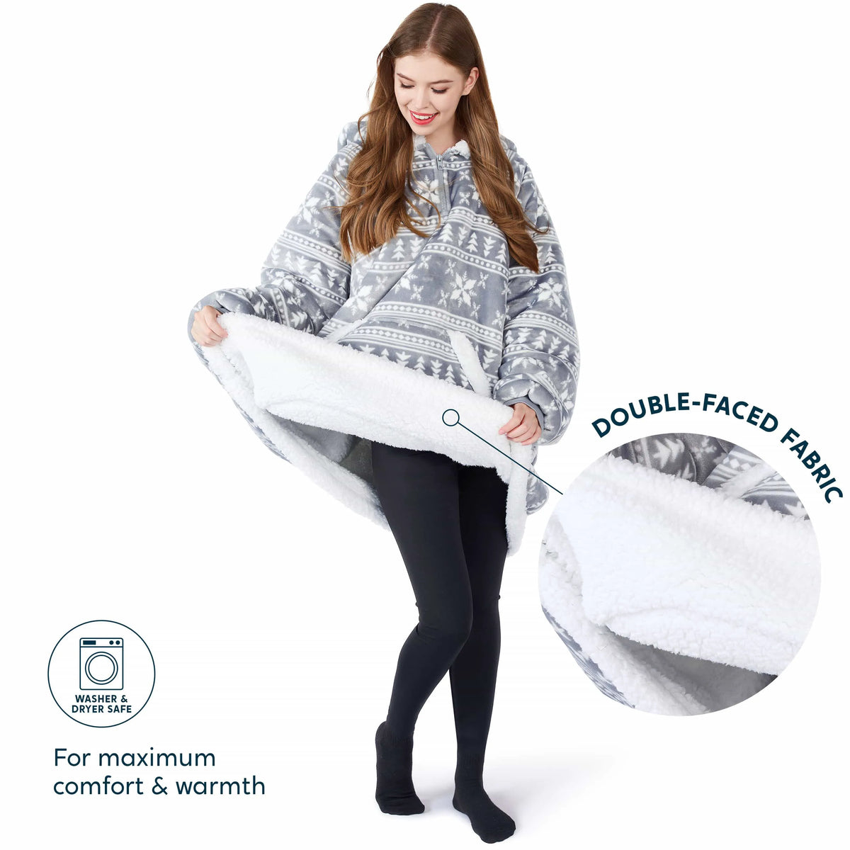 Adult Fleece Sherpa Snowflake Wearable Blanket Hoodie