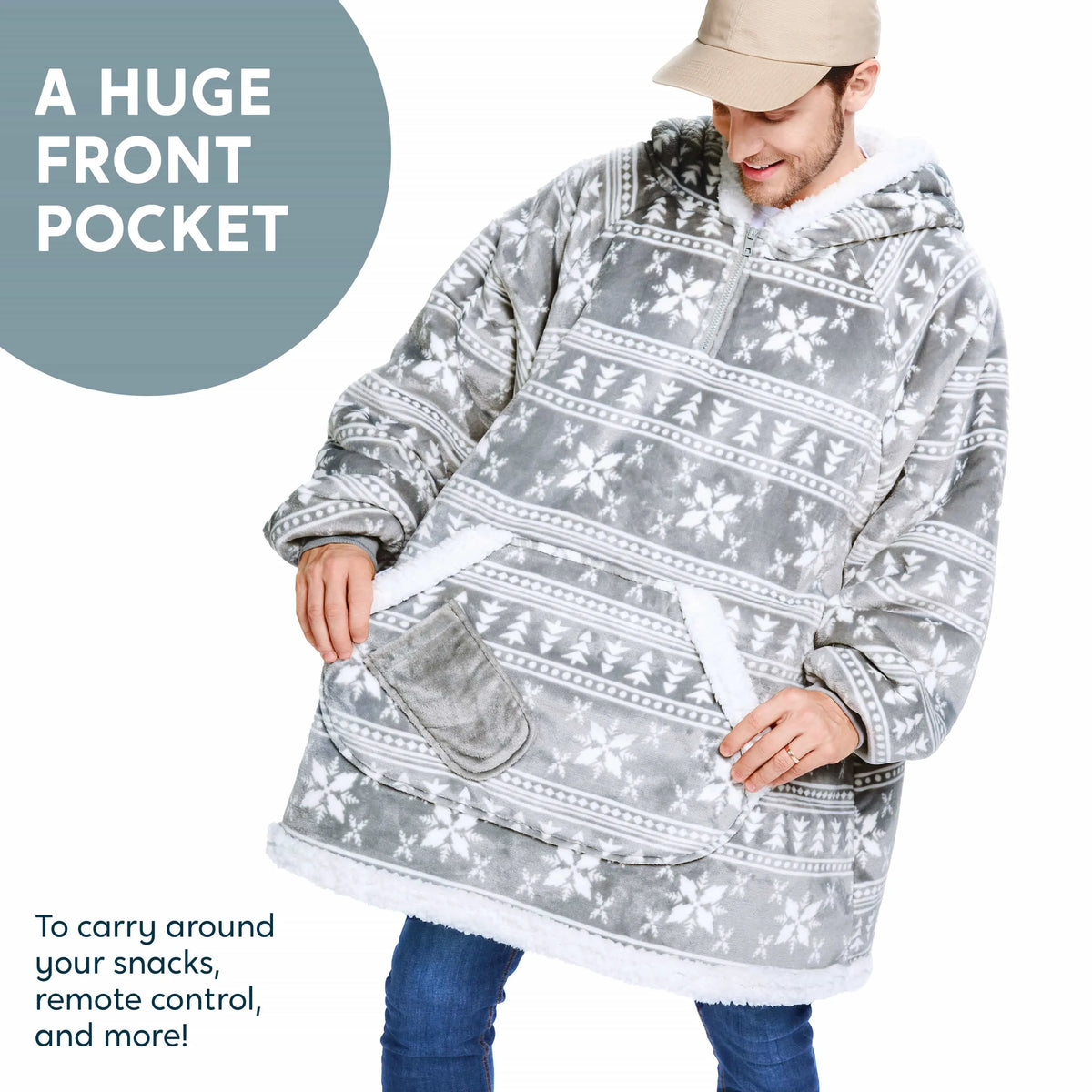 Adult Fleece Sherpa Snowflake Wearable Blanket Hoodie