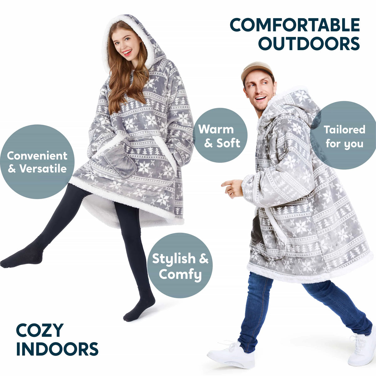 Adult Fleece Sherpa Snowflake Wearable Blanket Hoodie