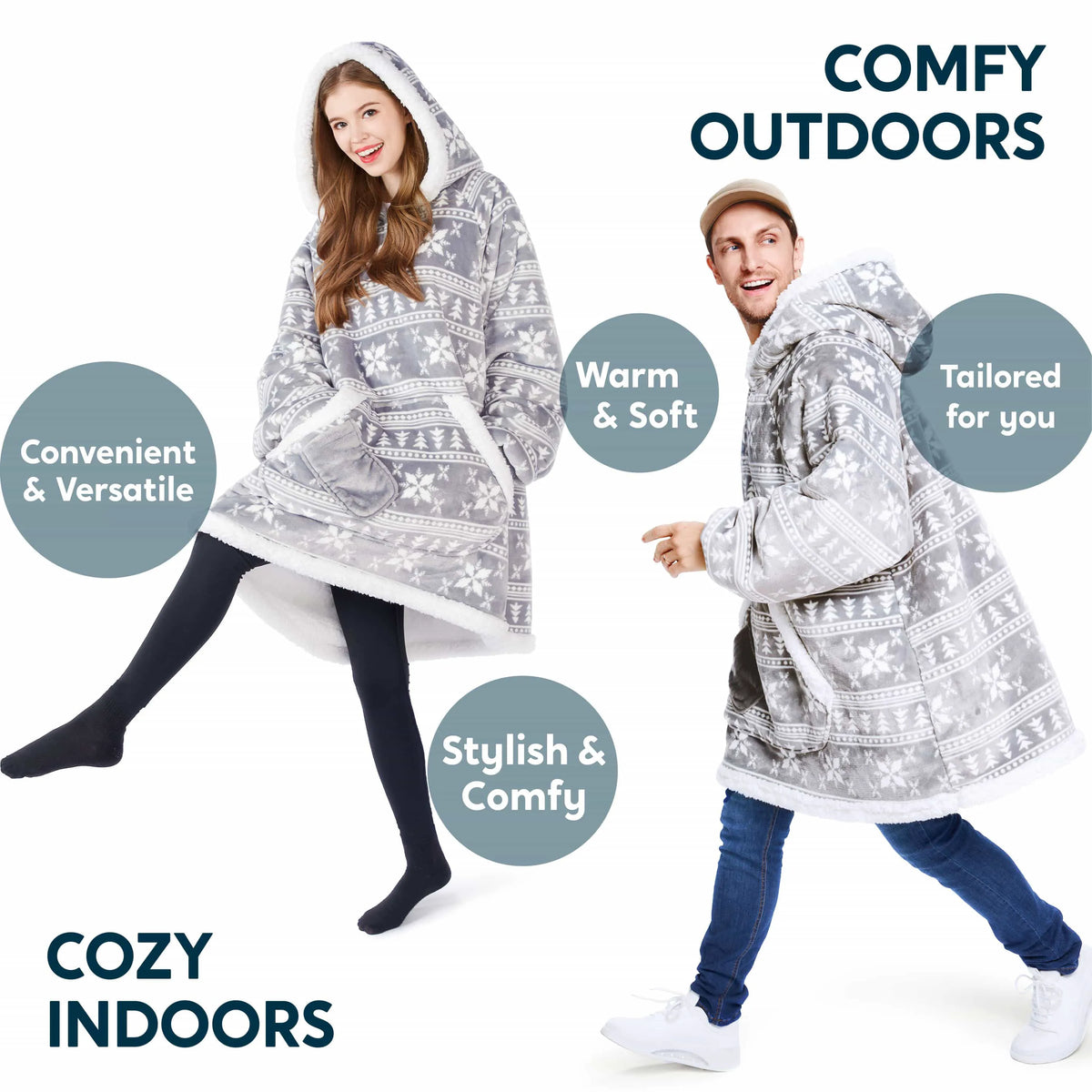 Adult Fleece Sherpa Snowflake Wearable Blanket Hoodie