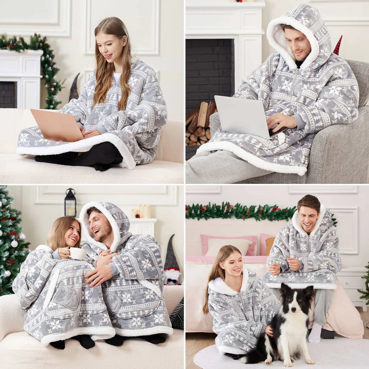 Adult Fleece Sherpa Snowflake Wearable Blanket Hoodie
