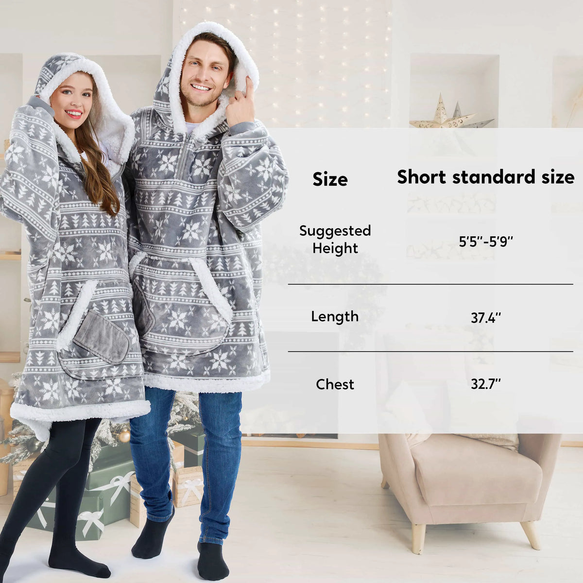 Adult Fleece Sherpa Snowflake Wearable Blanket Hoodie