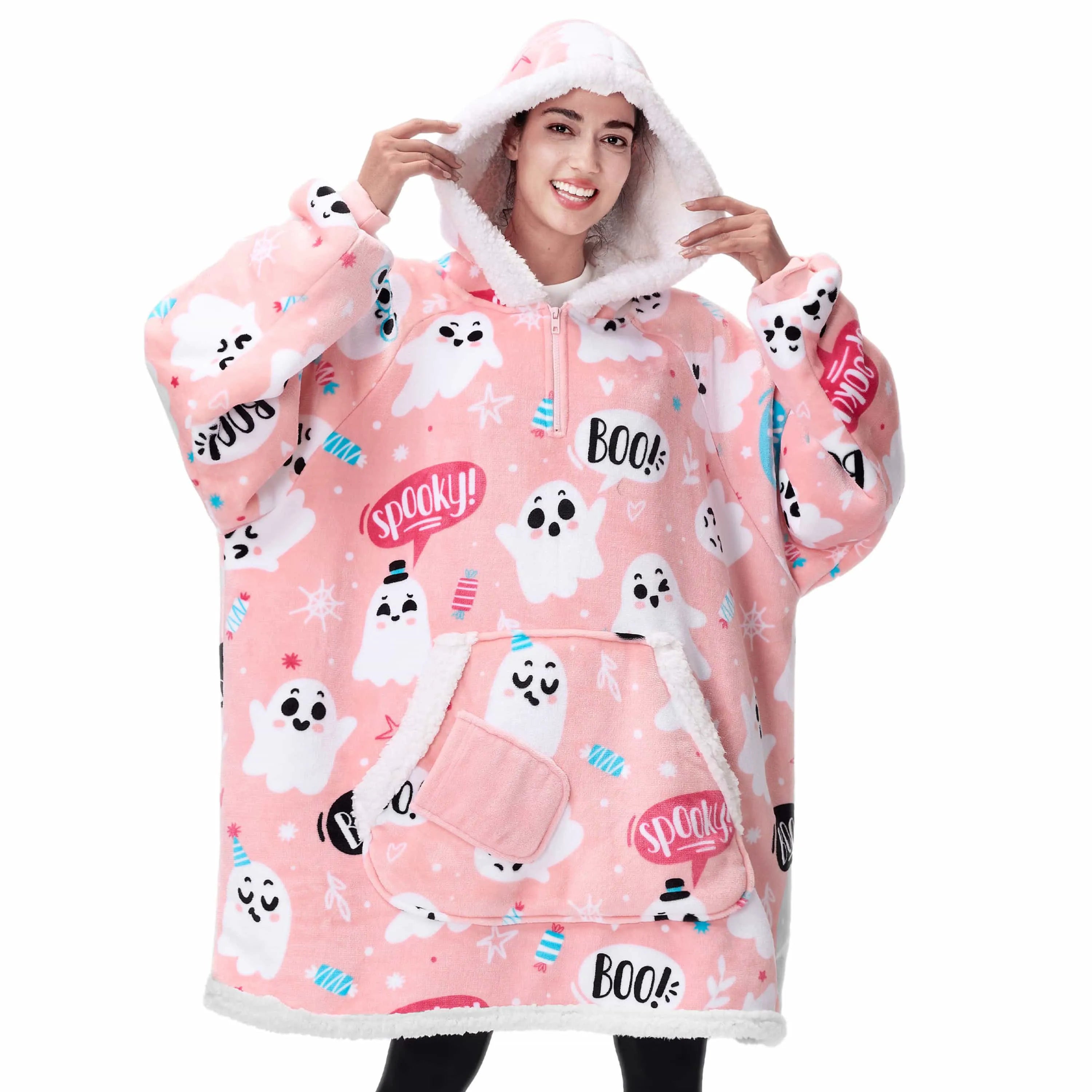 Adult Flannel Wearable Blanket - Halloween Pink Ghost