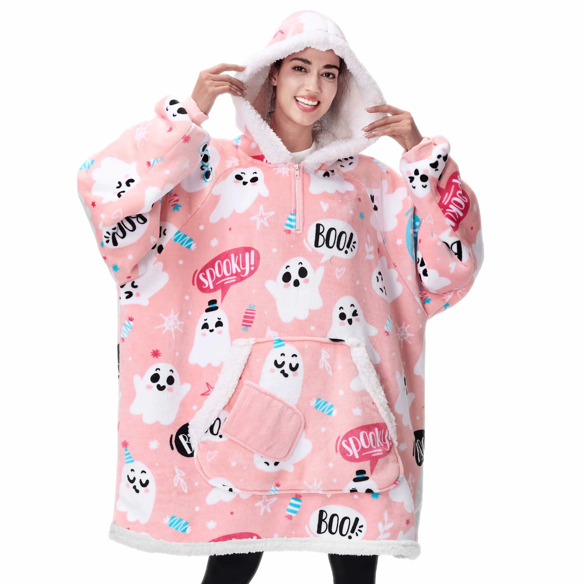 Adult Flannel Wearable Blanket - Halloween Pink Ghost